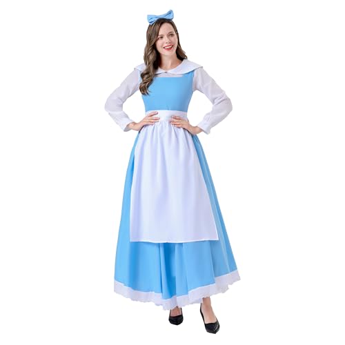 Blaues Dienstmädchenkleid für Damen, weiße Schürze, Karneval, Belle Alice Dorothy, Cosplay-Kostüm mit Schleife, Haarband für Erwachsene, Größe XS von Generisch