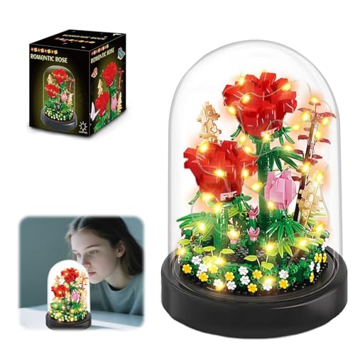 Blumenstrauß-Bauset – 593-teiliges Rosenstrauß-Set mit LED-Beleuchtung, Bausteine für Erwachsene und Kinder, kreatives DIY-Blumenarrangement, für Valentinstag, Geburtstag (rote Rosen) von Generisch