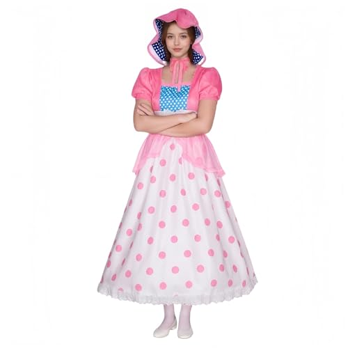 Bo Peep Kostüm Kleid Shephedess Kostüm Cosplay Rosa Kleid mit Hut Halloween Kostüme Damen Verkleidung für Party (Damen, XXL) von Generisch