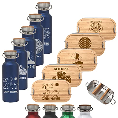 Brotdose 700ml mit Fächern und Trinkflasche 500ml aus Edelstahl mit Namen personalisiert, Lunchbox und Isolierflasche für Kinder und Erwachsene Brotzeitbox (Flasche BLAU, Kleine Lunchbox 700ml) von Generisch