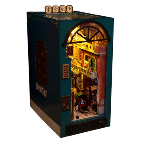 Bücherregal-Nook-Set, Miniaturhaus-Bastelset, LED-beleuchteter Einsatz, Holzdekor-Projekt für Teenager, Erwachsene, Anfänger, Bücherregal-Dekoration, 21,6 x 10,2 x 16,3 cm von Generisch