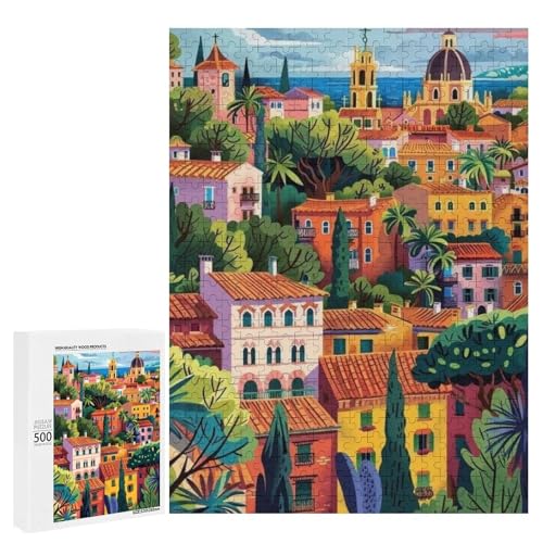 Bunte Gebäude eingebettet in üppiges Grün. 500 Teile Tierpuzzle aus Holz, klassisches Puzzle für Erwachsene von Generisch