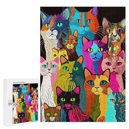Bunte Katzen auf schwarzem Hintergrund, 500 Teile Tier, klassisches Holzpuzzle für Erwachsene von Generisch