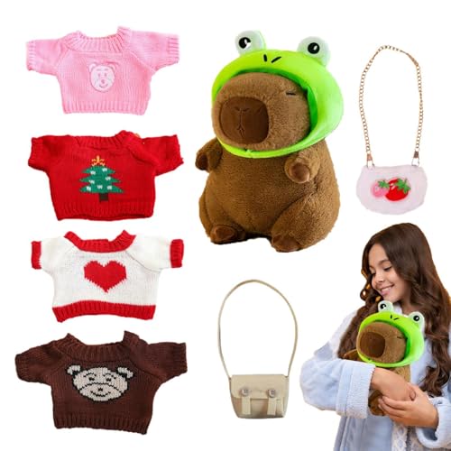 Capybara-Plüsch – Capybara-Plüschtier Mit 8 Stück Capybara-Kostüm Mit 4 Pullovern | Hut | 2 Beutel | Capybara-Plüschtiere Umarmen Sich | Niedliche Capybara-Stofftierspielzeug-Anzieh-Cartoon-Puppe von Generisch