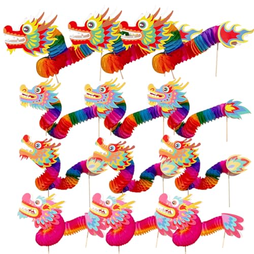 Chinesischer Neujahrsdrache Chinesische Neujahrsdekoration Jahr des Drachen 2024 12 Stück 4 Stile 3D-Papier-Drachenpuppe DIY Dehnbar Neujahrs-Bastelarbeiten Für Kinder Frühlingsfest Party von Generisch