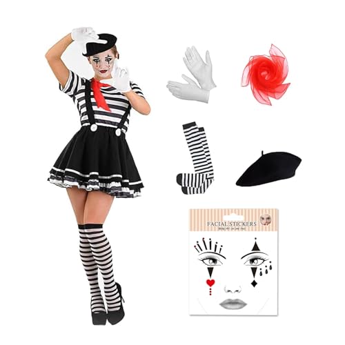 Clown Kostüm Damen, Pantomime Kostüm Damen mit Make-up Aufkleber, Weißer Handschuh, Schwarzer Hut, Netzstrümpfe und Rotes Tuch, Faschingskostüm für Damen und Herren, Karneval Mottoparty Kostüm Clown Kostüm Damen, Pantomime Kostüm Damen mit Make-up Aufkleber, Weißer Handschuh, Schwarzer Hut, Netzstrümpfe und Rotes Tuch, Faschingskostüm für Damen und Herren, Karneval Mottoparty Kostüm von Generisch