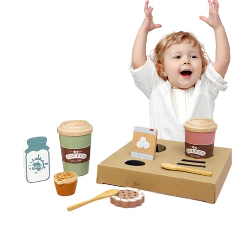 Coffee Shop Set, Kaffee-Set aus Holz, Kaffeetassen-Spielzeug für Rollenspiele, Kaffee-Zeit-Simulation, Spielzeug, Küchenzubehör, Vorschul-Rollenspiel, Keksset von Generisch