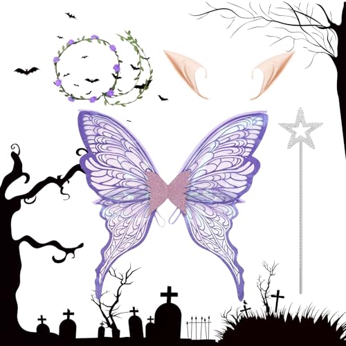 Cosplay Schmetterlingsfee Outfit,Halloween Kinderkostüm Mit Schmetterlingsflügeln - Elastische Verkleidungs-Accessoires Mit Blumenhaarreif Für Kinder Und Erwachsene von Generisch