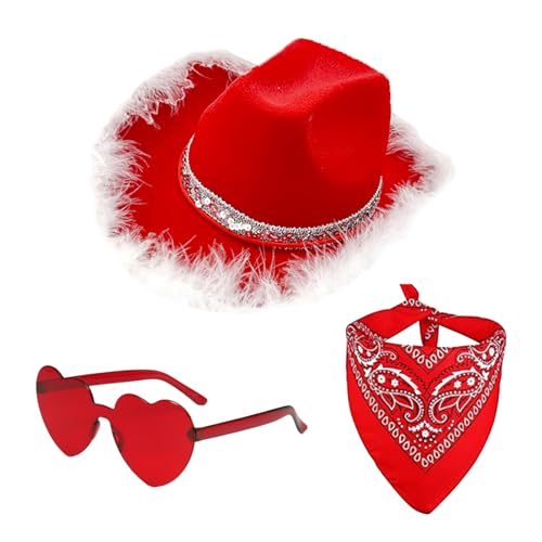 Cowboyhut für Weihnachten, Cosplay, Westernhut, Party-Kopfbedeckung, 3 x Cowgirl-Vintage-Bandana-Herz-Brille, verstellbare Weihnachtsfeier, Western-Kostüm-Zubehör von Generisch