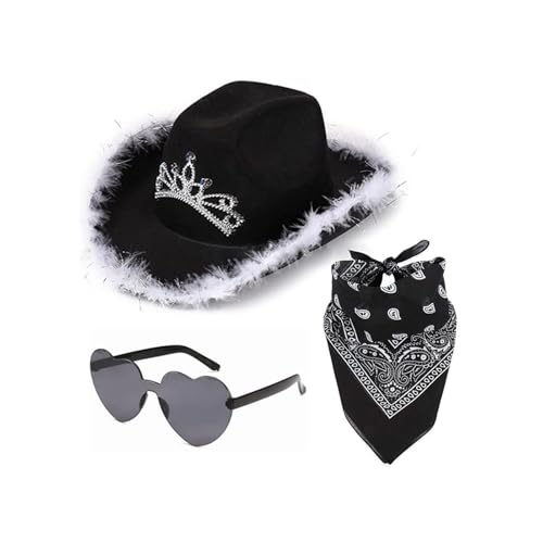Cowgirl Hut - 21,65 Zoll Filzhut - Filz Cowboy -Kostüm für Frauen - Festliches Set mit herzförmiger Brille und Quadratschal, ideal für die Feiertage Cowgirl Hut - 21,65 Zoll Filzhut - Filz Cowboy -Kostüm für Frauen - Festliches Set mit herzförmiger Brille und Quadratschal, ideal für die Feiertage von Generisch