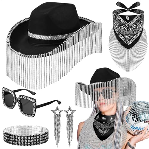 Cowgirl-Hut Bling Set - 5X Disco Cowboyhut Set - Kostümzubehör für Frauen Cosplay Halloween Sonnenbrille Bling Armband Quaste Ohrringe Bandana Set Cowgirl-Hut Bling Set - 5X Disco Cowboyhut Set - Kostümzubehör für Frauen Cosplay Halloween Sonnenbrille Bling Armband Quaste Ohrringe Bandana Set von Generisch