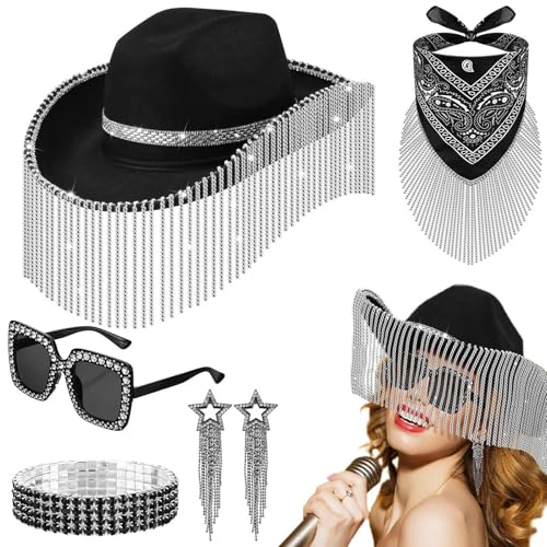 Cowgirl-Hut-Set, Bling Cowboy-Hut | 5X Disco-Cowboyhut-Set | Sonnenbrille Bling Armband Quaste Ohrringe Bandana Set, Kostüme Requisiten Set für Cosplay Versammlung von Generisch