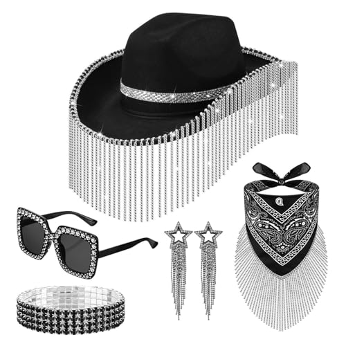 Cowgirl-Hut-Set – 5 x Disco Cowboyhut-Set – Disco-Zubehör für Frauen Cosplay Halloween Sonnenbrille Bling Armband Quaste Ohrringe Bandana Set von Generisch