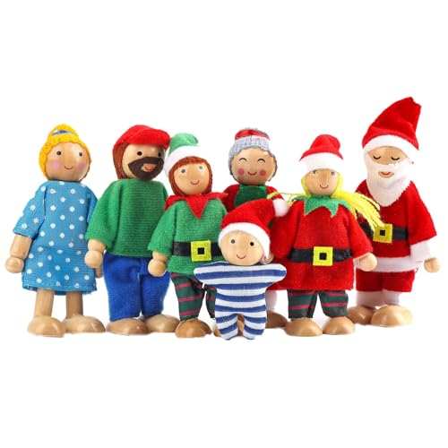 DIY Basteln Für Mädchen Familie mit 7 Weihnachtspuppen aus Holz, bewegliche Puppen für Säuglinge und Kleinkinder, Rollenspiel-Familienpuppenset Kinder Bastelsets (Watermelon Red, 20X10CM) von Generisch