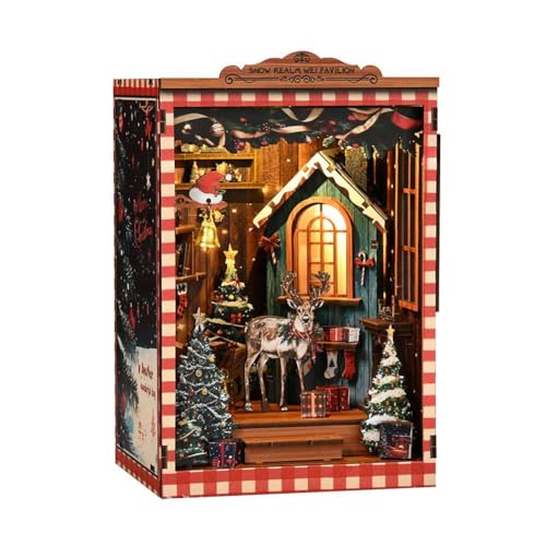 DIY Book Nook Kit Dollhouse Miniature - Snow Realm Wei Pavilion Wooden Bookends Building Model Puzzle with LED Light, Christmas Themed 3D Craft for Teens & Adults, (4.7×4.1×6.22.9 cm) von Generisch