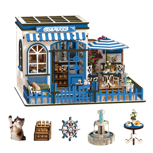 DIY Puppenhaus Miniatur Kit Kaffee Mini Puppenhaus Handgefertigtes Holz Miniaturhaus mit LED-Licht Kreative Geschenke für Freund und Eltern von Generisch