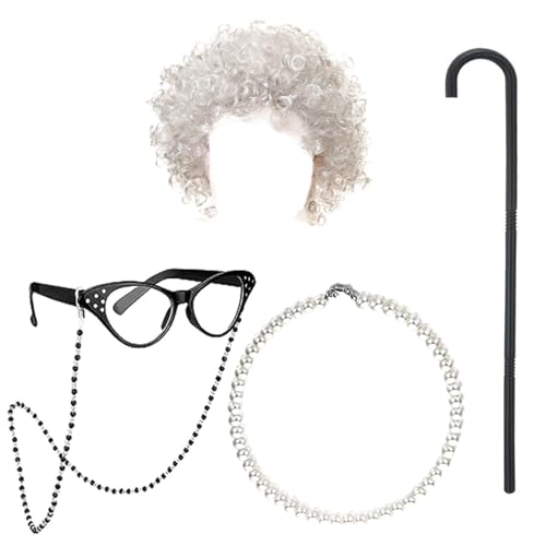 Dame Kostüm für Kinder 100 Tage Schulkostüm Oma Dame Perücke verkleiden Kostüm (Silver, One Size) von Generisch