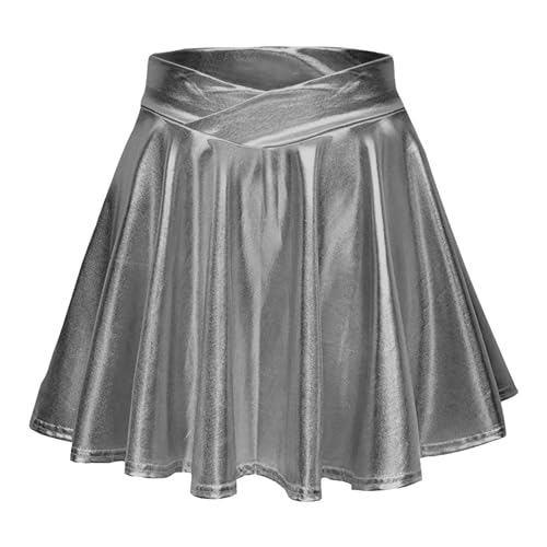 Damen Glänzend Metallisch Mini Rock Elastische Hohe Taille Ausgestellte Skater Röcke Faltenrock Minirock Plisseerock Tanz Rock Für Karneval Kostüm Space Girl Faschingskostüme Grau von Generisch