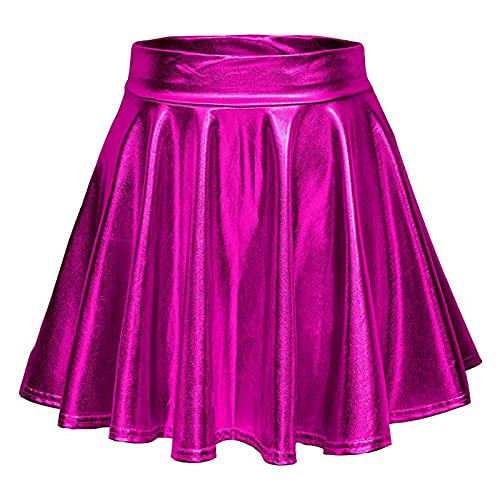 Damen Glänzend Metallisch Mini Rock Elastische Hohe Taille Ausgestellte Skater Röcke Faltenrock Minirock Plisseerock Tanz Rock Für Karneval Kostüm Space Girl Faschingskostüme Heißes Rosa von Generisch