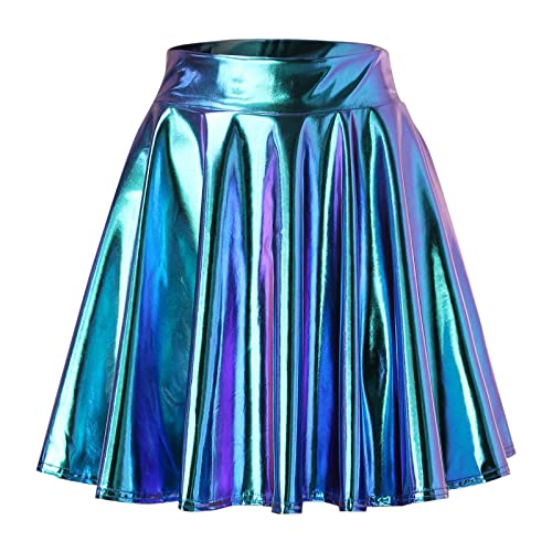 Damen Glänzend Metallisch Mini Rock Elastische Hohe Taille Ausgestellte Skater Röcke Faltenrock Minirock Plisseerock Tanz Rock Für Karneval Kostüm Space Girl Faschingskostüme Himmelblau von Generisch