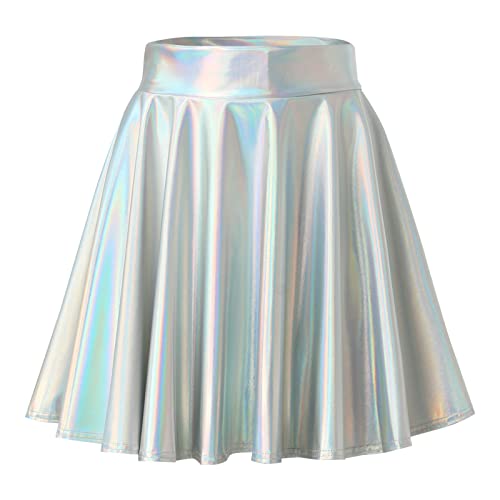 Damen Glänzend Metallisch Mini Rock Elastische Hohe Taille Ausgestellte Skater Röcke Faltenrock Minirock Plisseerock Tanz Rock Für Karneval Kostüm Space Girl Faschingskostüme Klar von Generisch