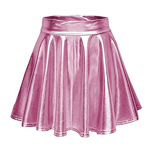 Damen Glänzend Metallisch Mini Rock Elastische Hohe Taille Ausgestellte Skater Röcke Faltenrock Minirock Plisseerock Tanz Rock Für Karneval Kostüm Space Girl Faschingskostüme Rosa von Generisch
