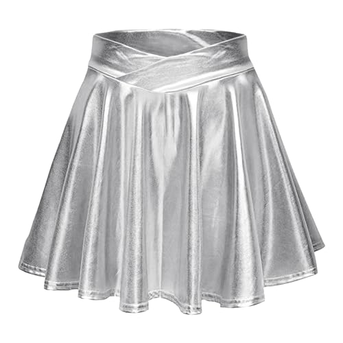 Damen Glänzend Metallisch Mini Rock Elastische Hohe Taille Ausgestellte Skater Röcke Faltenrock Minirock Plisseerock Tanz Rock Für Karneval Kostüm Space Girl Faschingskostüme Silber von Generisch