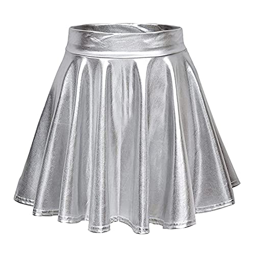 Damen Glänzend Metallisch Mini Rock Elastische Hohe Taille Ausgestellte Skater Röcke Faltenrock Minirock Plisseerock Tanz Rock Für Karneval Kostüm Space Girl Faschingskostüme Silber von Generisch