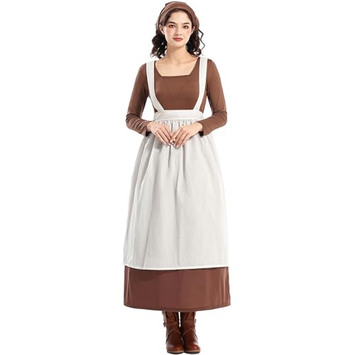 Damen-Kostüme - Historische Pilgerkleider & Viktorianische Dienstmädchen-Outfits mit Schürze - Für Halloween, Cosplay & Mittelalter-Events (Coffee, M) von Generisch