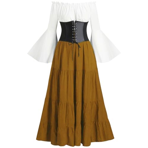 Damen Mittelalter Vintage Kleid - Weihnachten Renaissance Stil Kleid mit Glockenärmeln und Korsett-Taille für Feste & Kostümparty (Braun, L) von Generisch