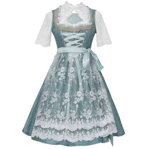 Deutsches Oktoberfestkleid Damen Mittellanges Kleid mit Hemd Schürze Dreiteiliges Set für Cosplay Mittelalter Kostüm (Green-2, XL) von Generisch