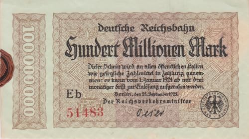 Deutsches Reich Pick-Nr: S1017g Inflationsgeld der Deutschen Reichsbahn Berlin gebraucht (III) 1923 100 Millionen Mark (Banknoten für Sammler) von Generisch