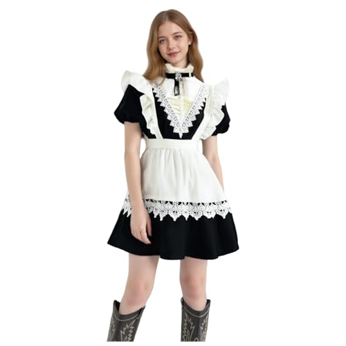 Dienstmädchen Outfit Damen Maid Lolita Kleid Kostüm mit Overleeves & Schürze Herren Französisch Outfit für Halloween Karneval Party (Kurzes Kleid, XXL) von Generisch
