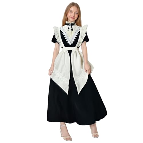 Dienstmädchen Outfit Damen Maid Lolita Kleid Kostüm mit Overleeves & Schürze Herren Französisch Outfit für Halloween Karneval Party (langes Kleid, M) von Generisch