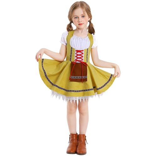Dirndl Kinder Mädchen Modern Traditional Kleid Kostüm Halloween Elegante Dress Vintage Teenager Dirndlschürze Costume Kinderdirndl Gelb L von Generisch
