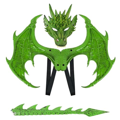 Drachenflügel Kostüm Dinosaurier Schwanz Set Cosplay Halloween Drachenkostüm Abschlussfeier Deko 2022 Lila (Green, A) von Generisch