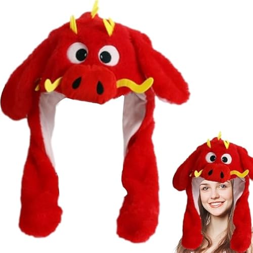 Drachenhut mit beweglichen Ohren, Tierhut, Ohrbewegung, Plüschohren, springender Hut, Drachen-Urlaub, Cosplay, warmer Hut mit Ohrenklappen, Neuheit zum Verkleiden für Neujahr (Rot) von Generisch