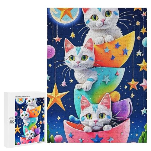 Drei bunte Kätzchen, eingebettet in lebendige Schalen unter einem Sternenhimmel, 500 Teile Tier, klassisches Holzpuzzle für Erwachsene Drei bunte Kätzchen, eingebettet in lebendige Schalen unter einem Sternenhimmel, 500 Teile Tier, klassisches Holzpuzzle für Erwachsene von Generisch