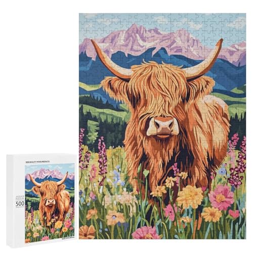 Ein Hochlandkuh steht inmitten eines lebendigen Blumenfeldes mit majestätischen Bergen im Hintergrund, 500 Teile Tier, klassisches Holzpuzzle für Erwachsene Ein Hochlandkuh steht inmitten eines lebendigen Blumenfeldes mit majestätischen Bergen im Hintergrund, 500 Teile Tier, klassisches Holzpuzzle für Erwachsene von Generisch