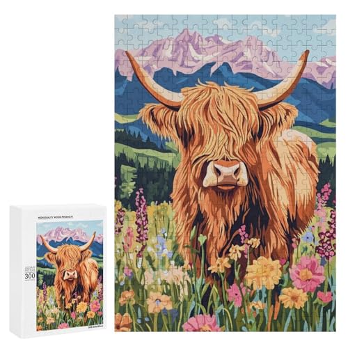 Ein Hochlandkuh steht inmitten eines lebendigen Blumenfeldes mit majestätischen Bergen im Hintergrund. Klassisches Holzpuzzle mit 300 Teilen für Erwachsene Ein Hochlandkuh steht inmitten eines lebendigen Blumenfeldes mit majestätischen Bergen im Hintergrund. Klassisches Holzpuzzle mit 300 Teilen für Erwachsene von Generisch