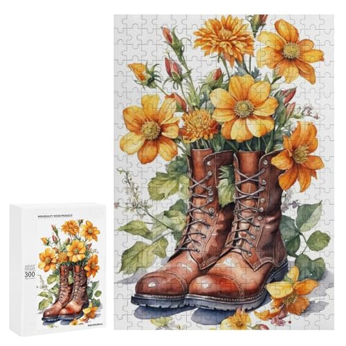 Ein Paar Stiefel gefüllt mit lebendigen orangefarbenen Blumen. Klassisches Holzpuzzle für Erwachsene, 300 Teile von Generisch