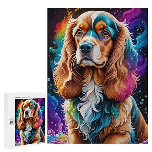 Ein bunter Cockerspaniel, umgeben von lebendigen, wirbelnden Farbtönen, 500 Teile, klassisches Holzpuzzle für Erwachsene von Generisch