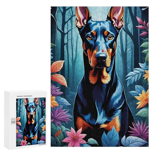 Ein bunter Dobermann steht inmitten lebendiger Blumen in einem Mondwald. 300 Teile Tierpuzzle aus Holz, klassisches Holzpuzzle für Erwachsene Ein bunter Dobermann steht inmitten lebendiger Blumen in einem Mondwald. 300 Teile Tierpuzzle aus Holz, klassisches Holzpuzzle für Erwachsene von Generisch