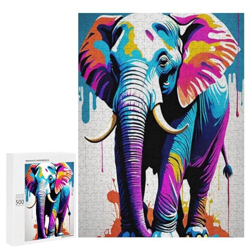 Ein bunter Elefant, der in lebendigen Farbspritzern steht, 500 Teile Tier, klassisches Holzpuzzle für Erwachsene Ein bunter Elefant, der in lebendigen Farbspritzern steht, 500 Teile Tier, klassisches Holzpuzzle für Erwachsene von Generisch