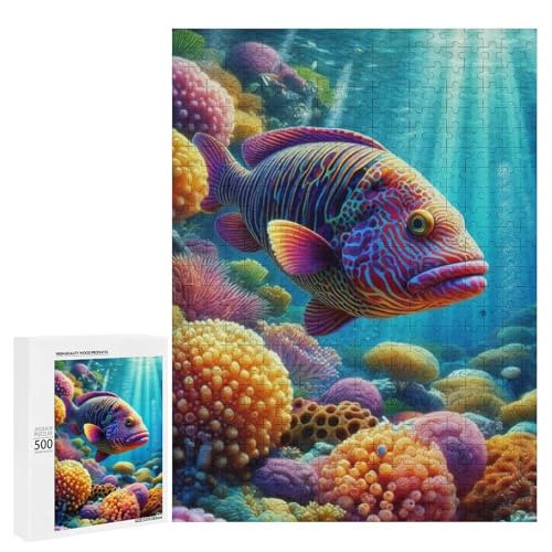 Ein bunter Fisch schwimmt unter lebhaften Korallenriffen. 1 x 500-teiliges klassisches Holzpuzzle für Erwachsene von Generisch