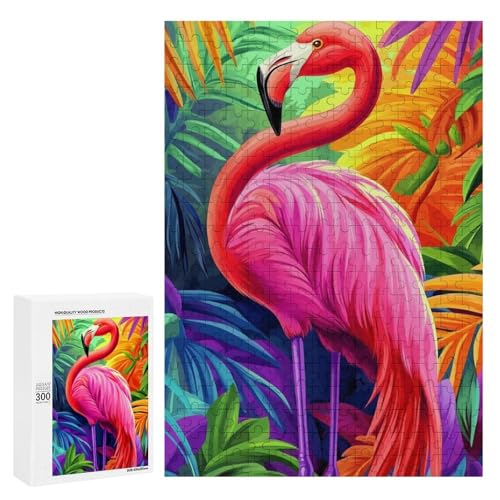 Ein bunter Flamingo steht inmitten lebendigem tropischem Blattwerk. Klassisches Holzpuzzle für Erwachsene, 300 Teile von Generisch