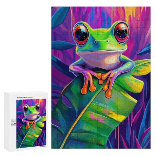 Ein bunter Frosch auf einem lebendigen Blatt, 300 Teile, klassisches Holzpuzzle für Erwachsene von Generisch