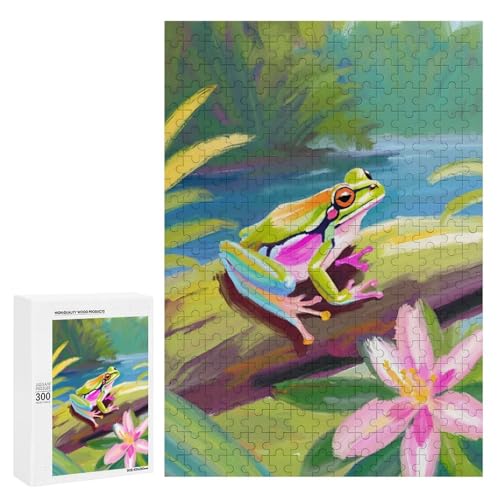 Ein bunter Frosch mit Brille sitzt auf einem Blatt, 300 Teile, klassisches Holzpuzzle für Erwachsene von Generisch