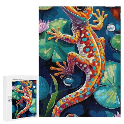 Ein bunter Gecko sitzend auf Lilienpads 500 Teile Tier klassisches Holzpuzzle für Erwachsene von Generisch