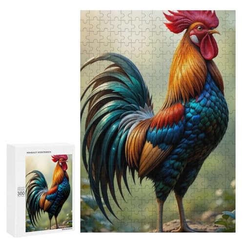 Ein bunter Hahn, der auf einem Felsen steht, klassisches Holzpuzzle für Erwachsene, 300 Teile von Generisch